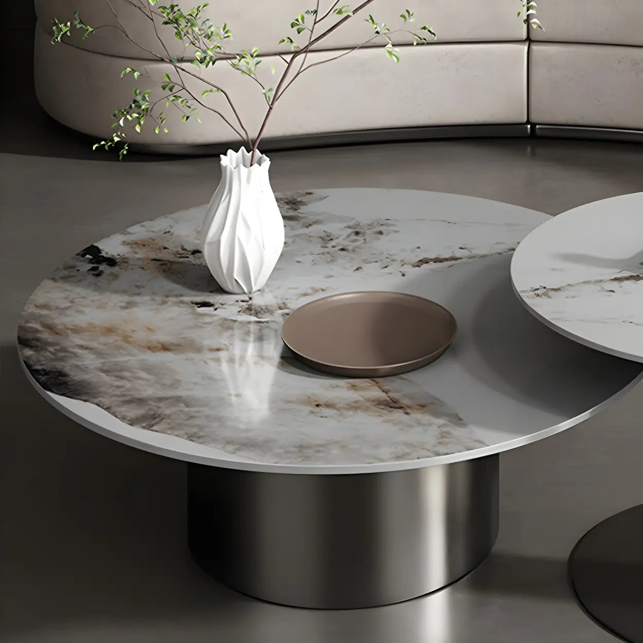 Black Round Stone-Top Metal Nesting Coffee Table — Gold