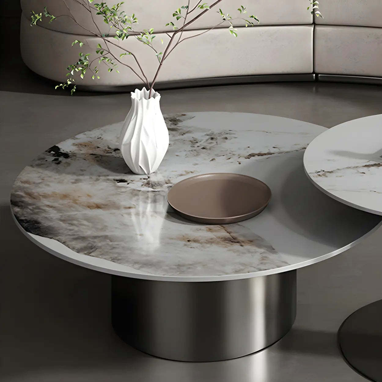 Black Round Stone-Top Metal Nesting Coffee Table — Gold
