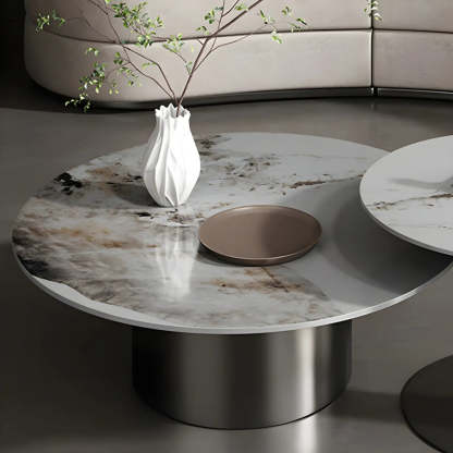Black Round Stone-Top Metal Nesting Coffee Table — Gold