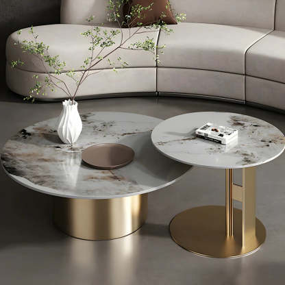 Black Round Stone-Top Metal Nesting Coffee Table — Gold