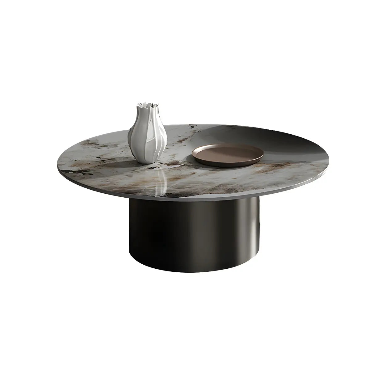 Black Round Stone-Top Metal Nesting Coffee Table — Black