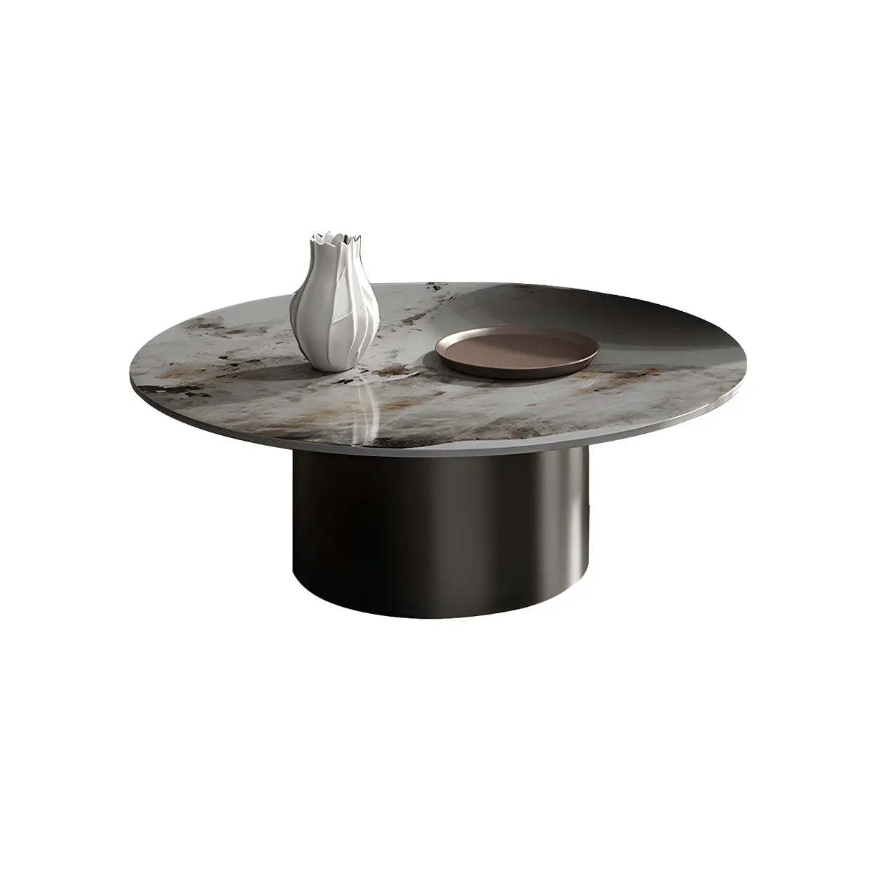 Black Round Stone-Top Metal Nesting Coffee Table — Black
