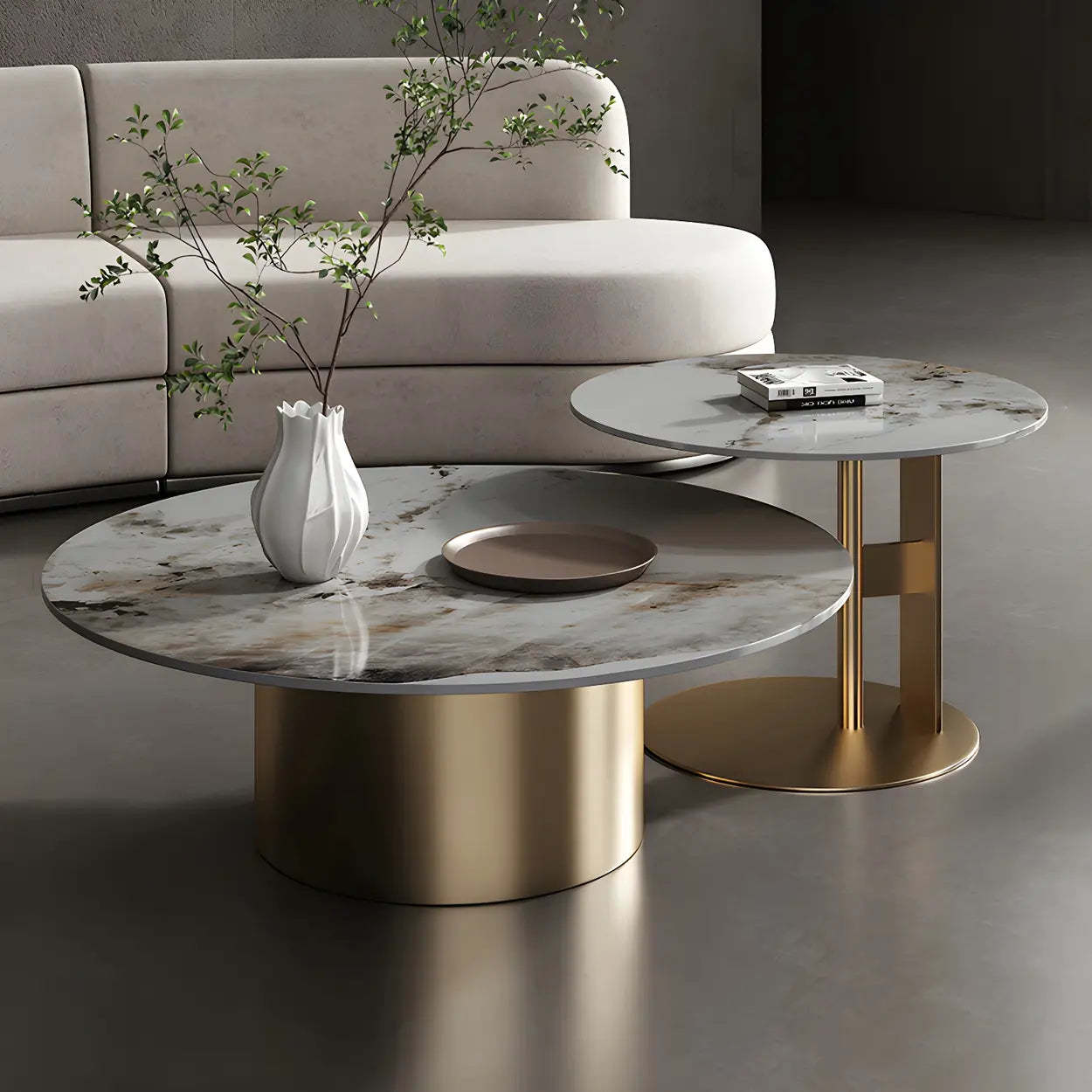 Black Round Stone-Top Metal Nesting Coffee Table — Gold
