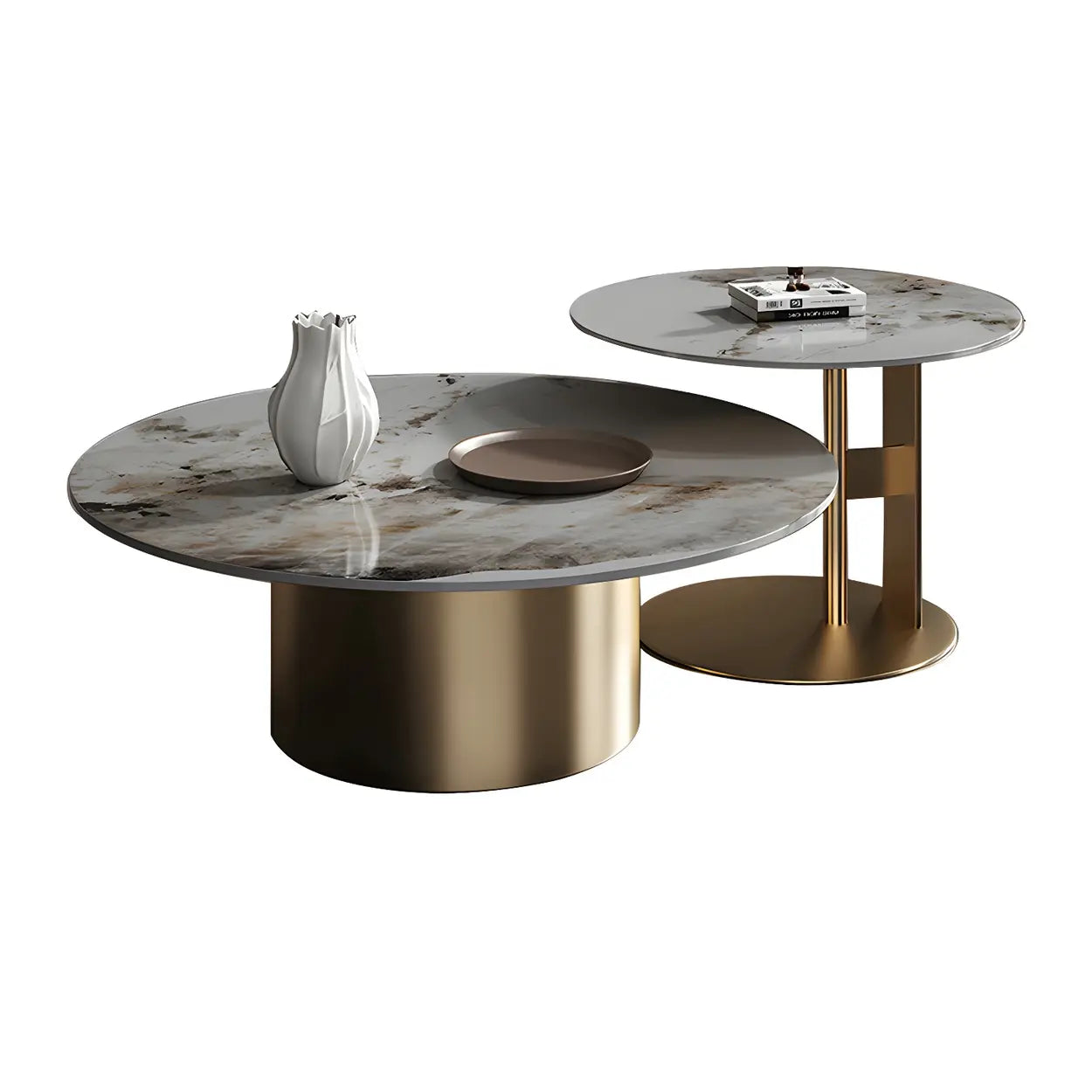 Black Round Stone-Top Metal Nesting Coffee Table — Black