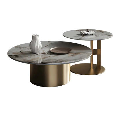 Black Round Stone-Top Metal Nesting Coffee Table — Black