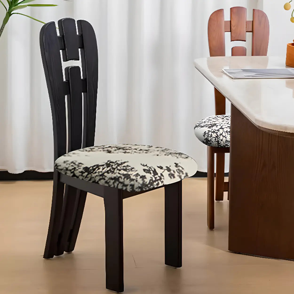 Black Slat-Back Upholstered Rubberwood Dining Chair