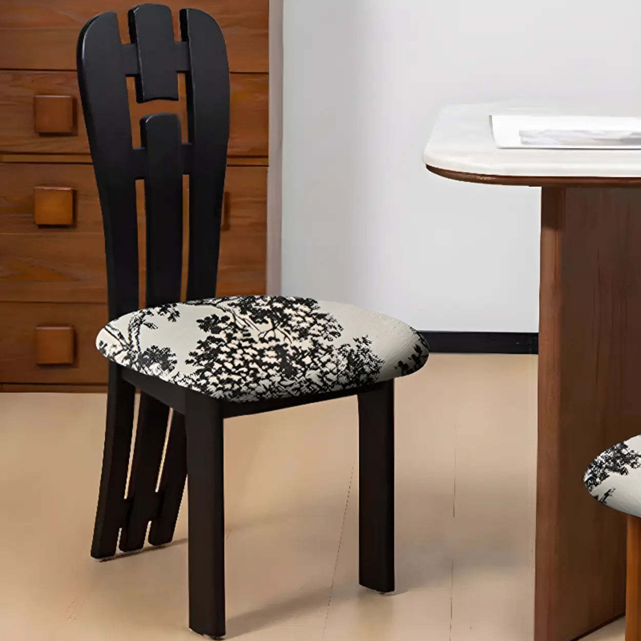 Black Slat-Back Upholstered Rubberwood Dining Chair