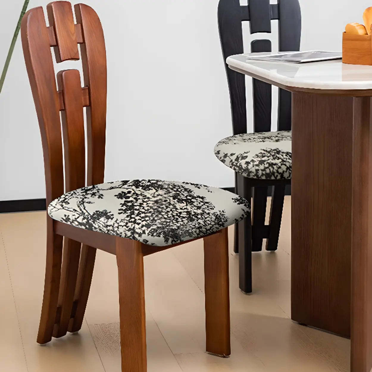 Black Slat-Back Upholstered Rubberwood Dining Chair