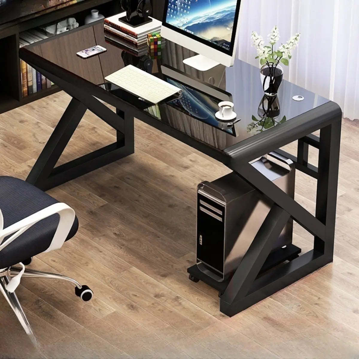 Black Sled Glass Rectangular Computer Desk — White / Without Chairs