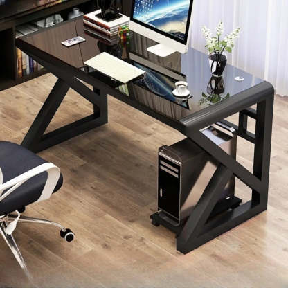 Black Sled Glass Rectangular Computer Desk — White / Without Chairs