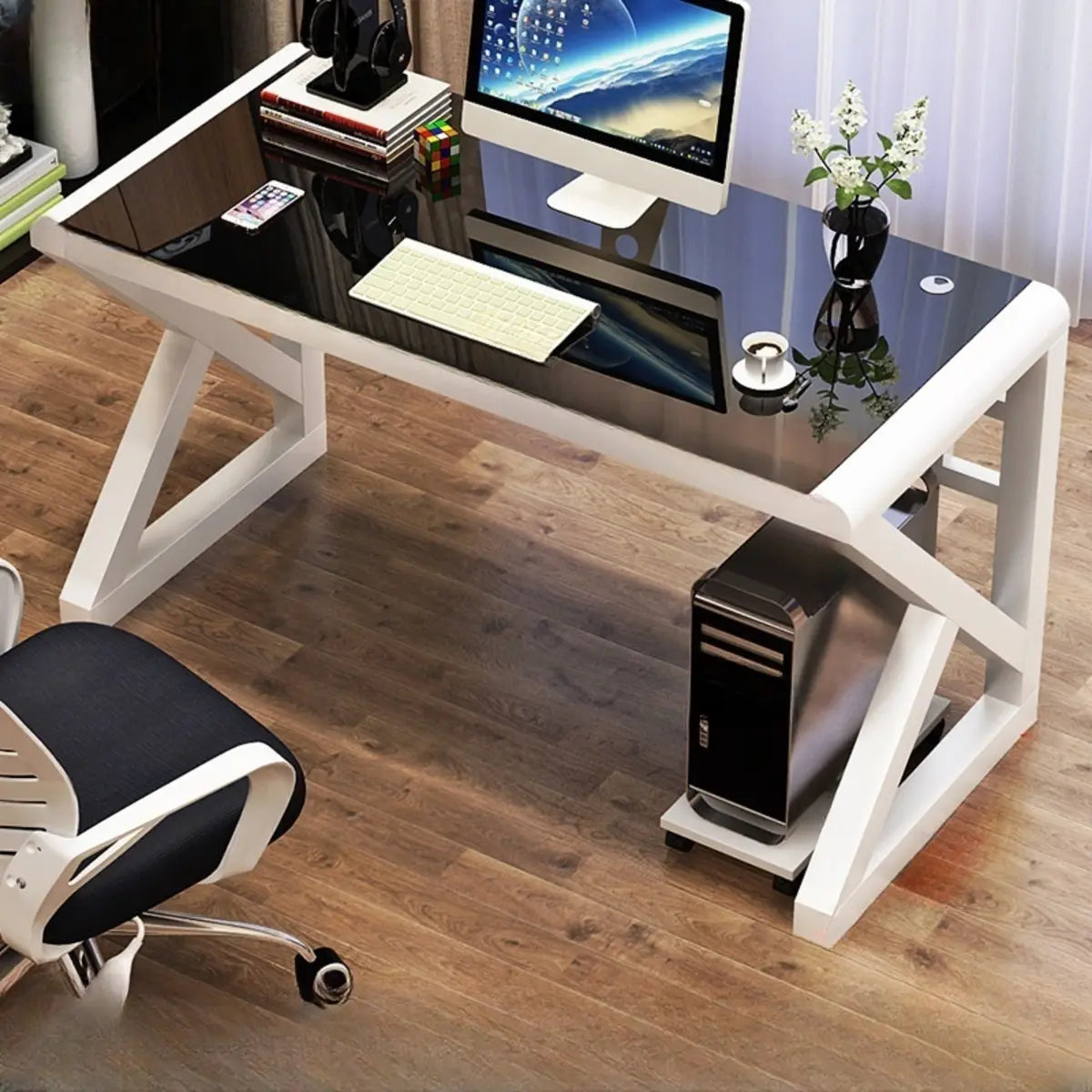Black Sled Glass Rectangular Computer Desk — White-Black / Without Chairs
