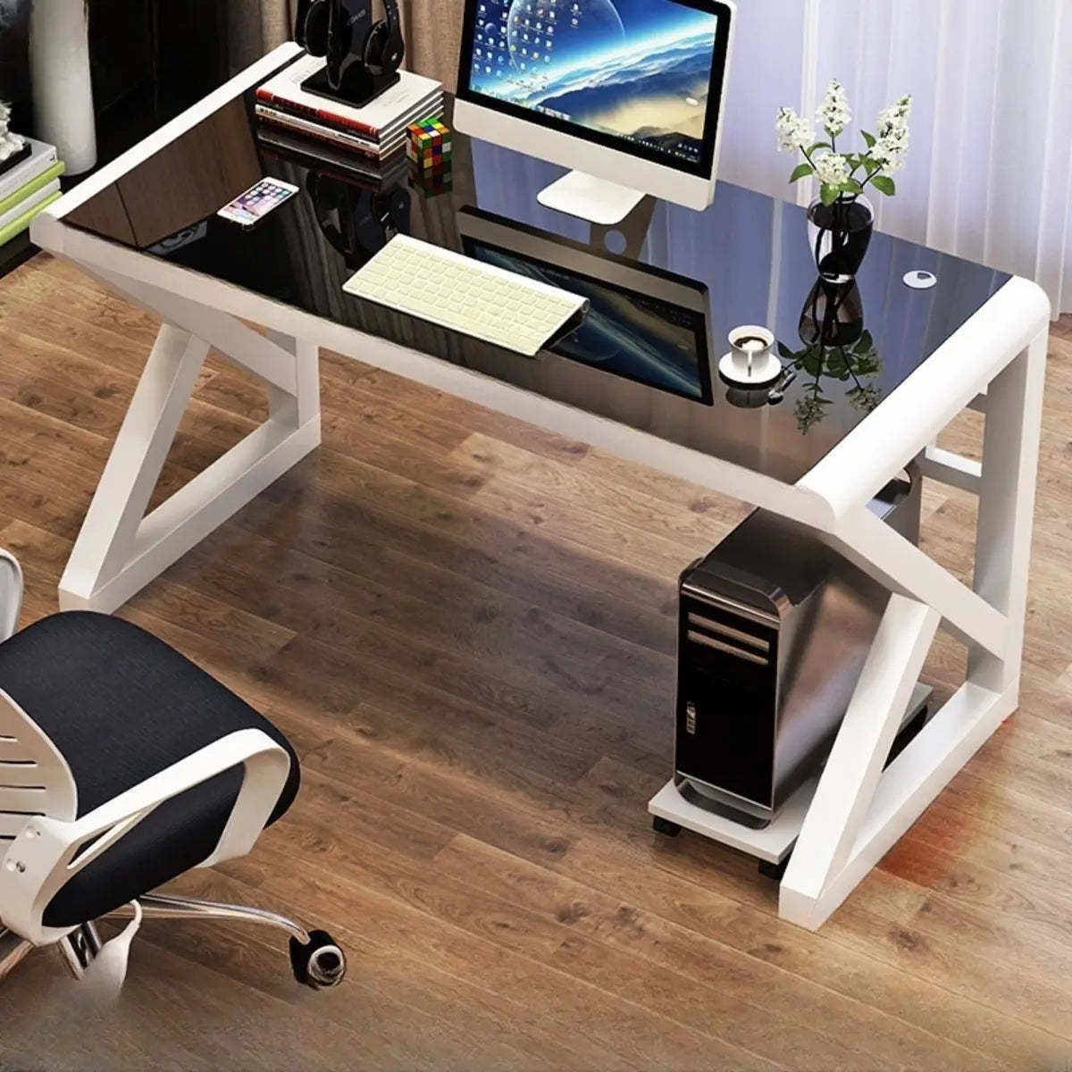 Black Sled Glass Rectangular Computer Desk — White-Black / Without Chairs