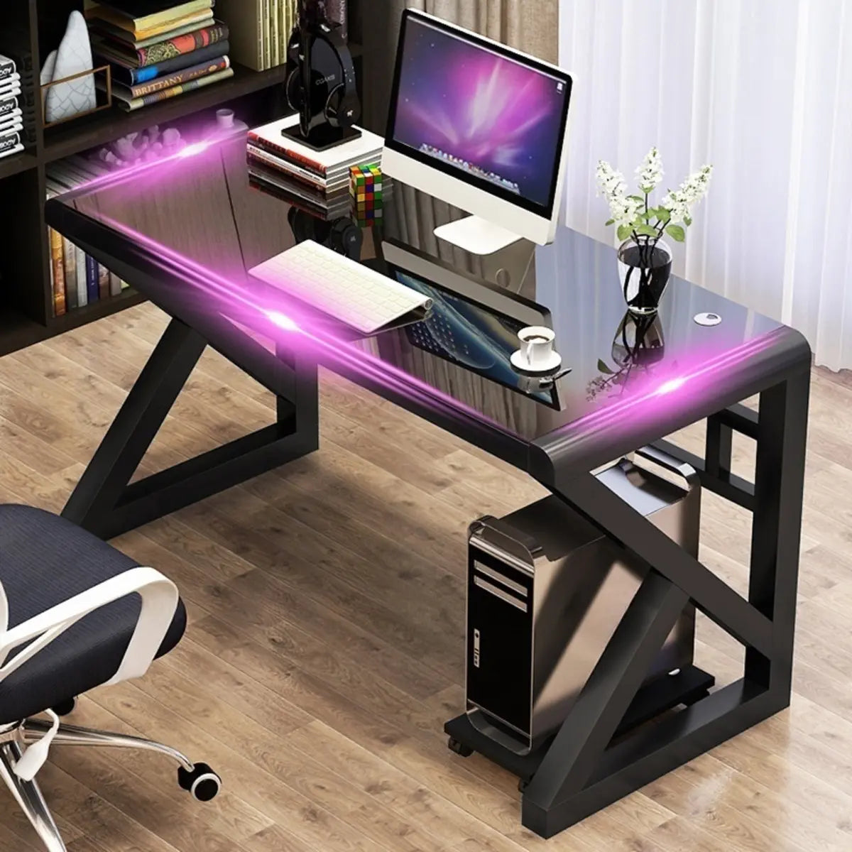 Black Sled Glass Rectangular Computer Desk — Black / Without Chairs