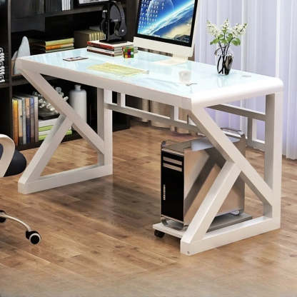 Black Sled Glass Rectangular Computer Desk — White / Without Chairs