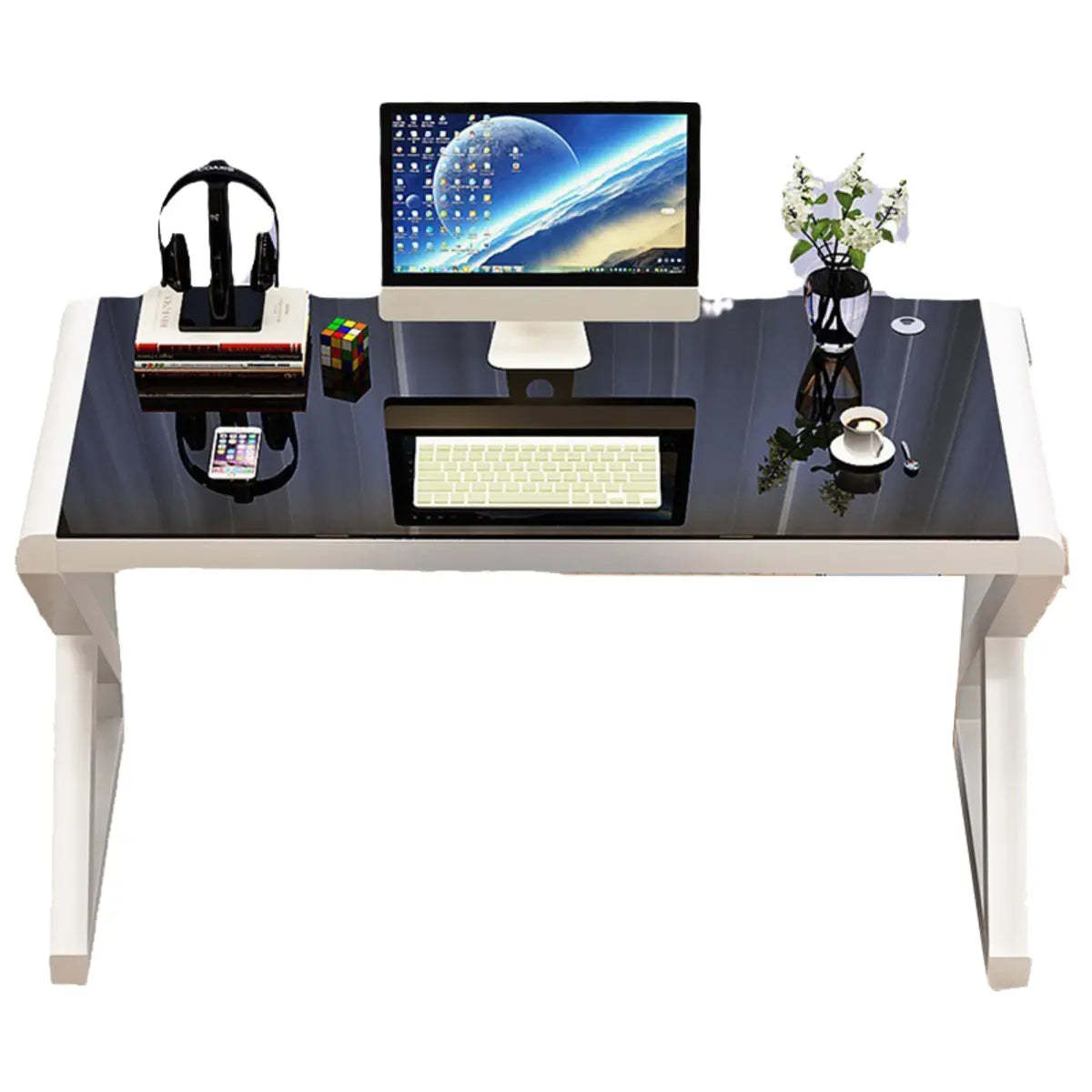 Black Sled Glass Rectangular Computer Desk — White-Black / Without Chairs