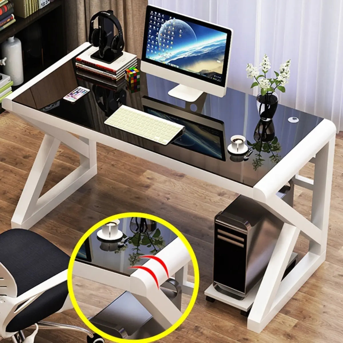 Black Sled Glass Rectangular Computer Desk — Black / Without Chairs