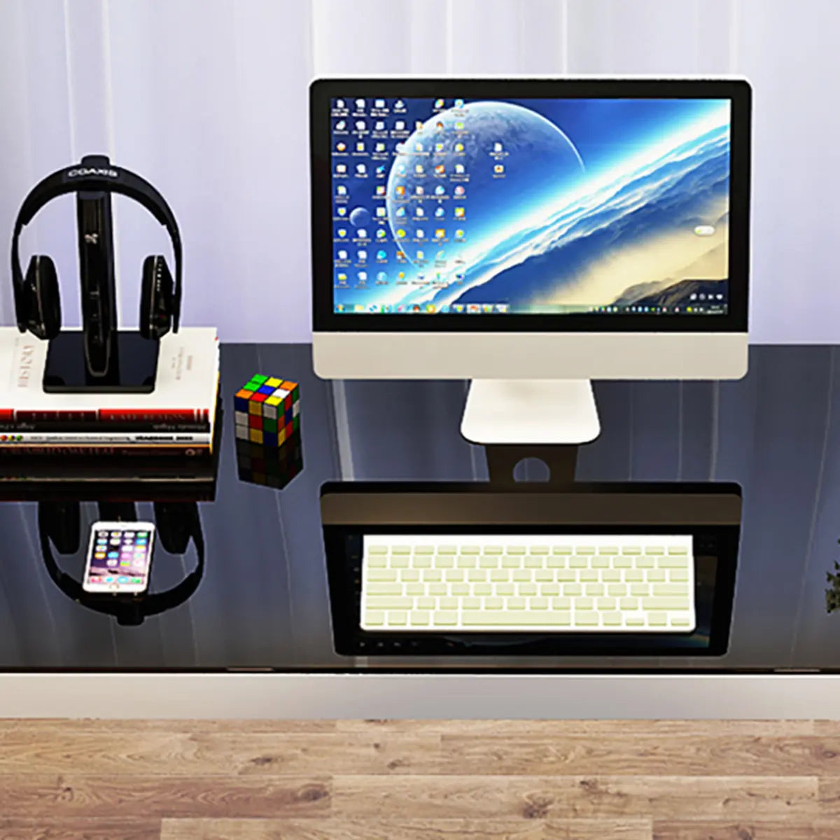 Black Sled Glass Rectangular Computer Desk — White / Without Chairs