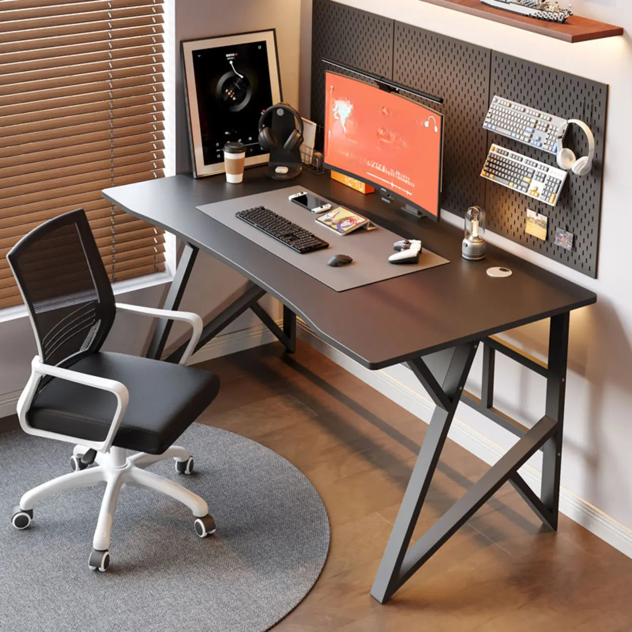 Black Ergonomic Curved Wood Gaming Desk