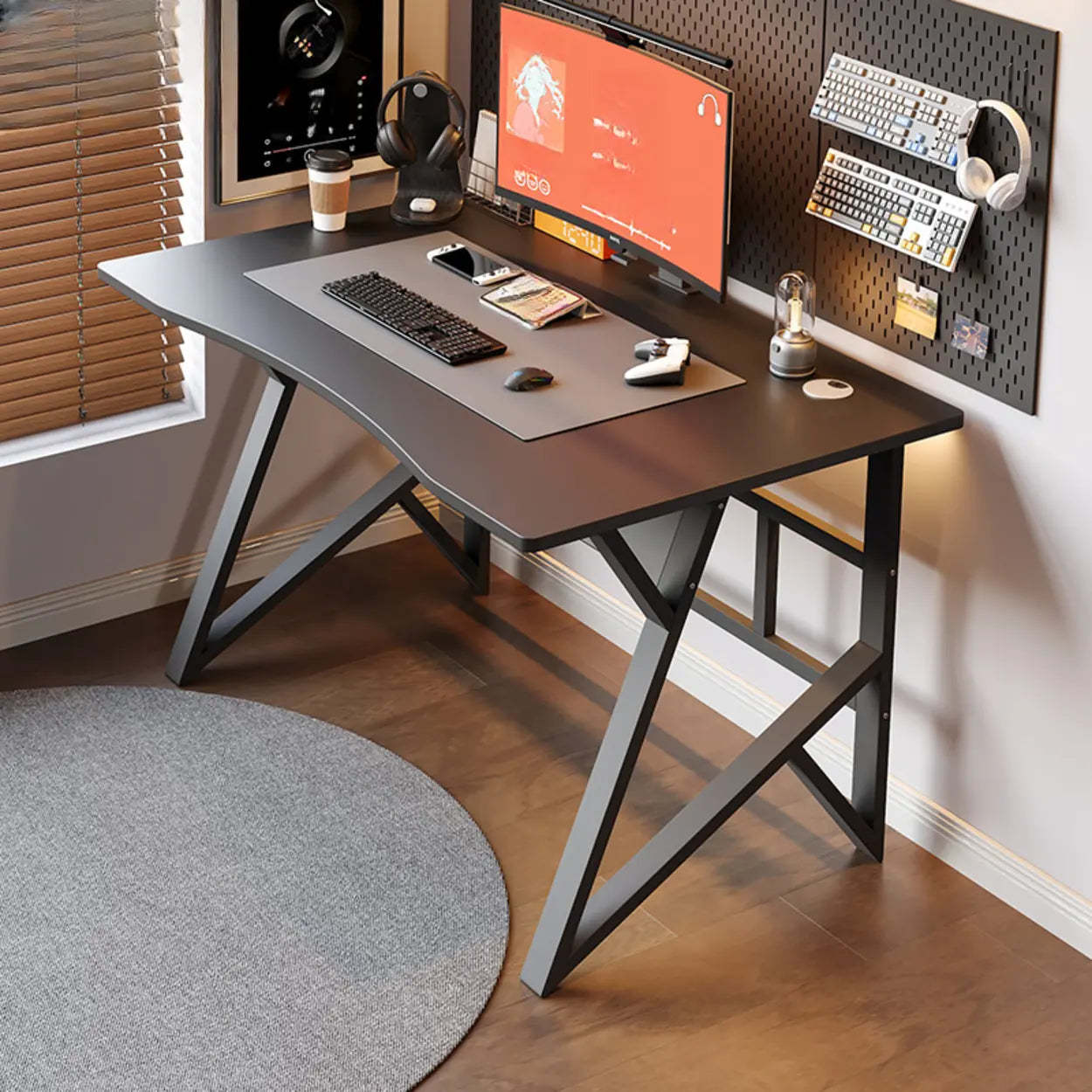 Black Ergonomic Curved Wood Gaming Desk — White / Table Only