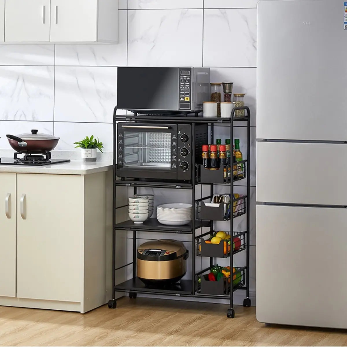 Black Steel Baker's Rack with Wood Shelf and Basket