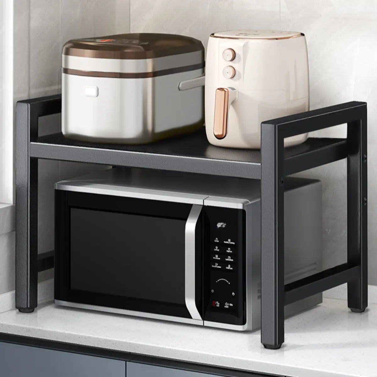 Black Steel Baker's Rack with Microwave Shelf and Hooks