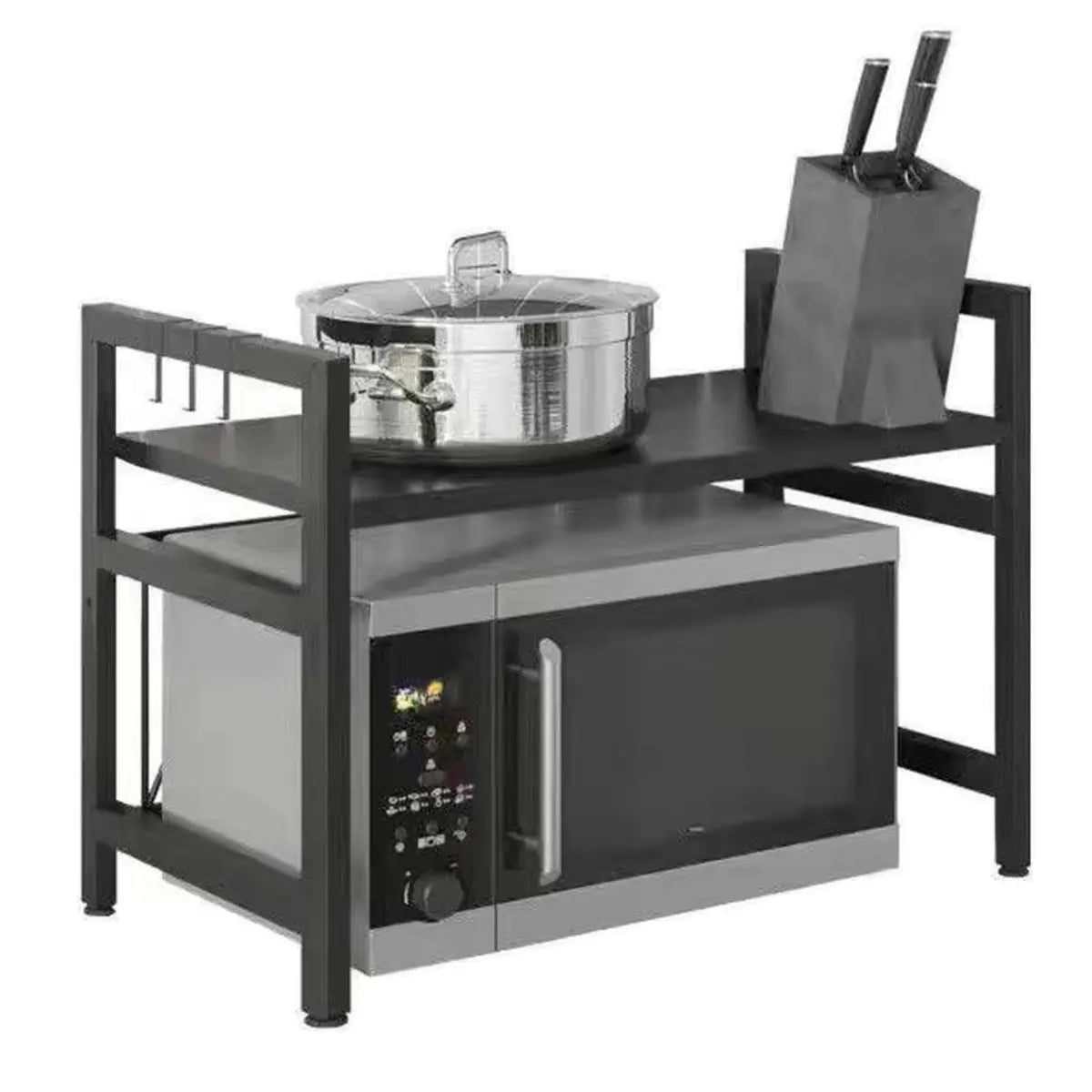 Black Steel Baker's Rack with Microwave Shelf and Hooks — Black / Hooks