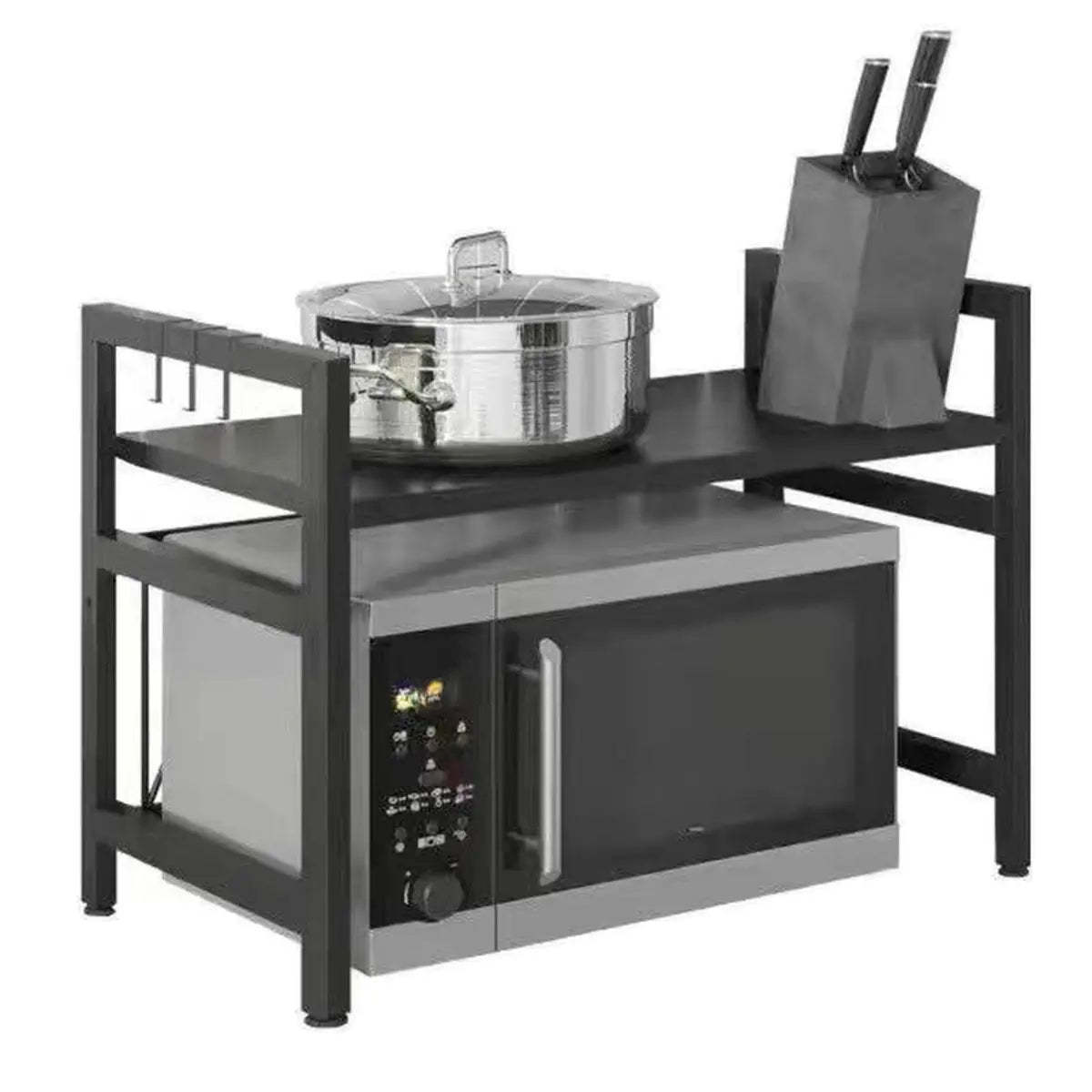Black Steel Baker's Rack with Microwave Shelf and Hooks — Black / Hooks