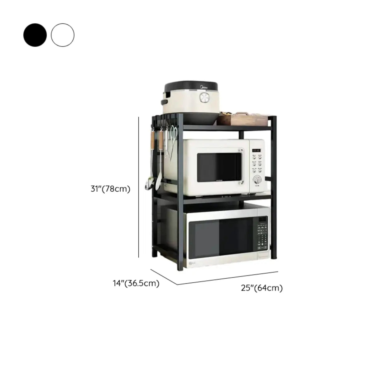 Black Steel Baker's Rack with Microwave Shelf and Hooks