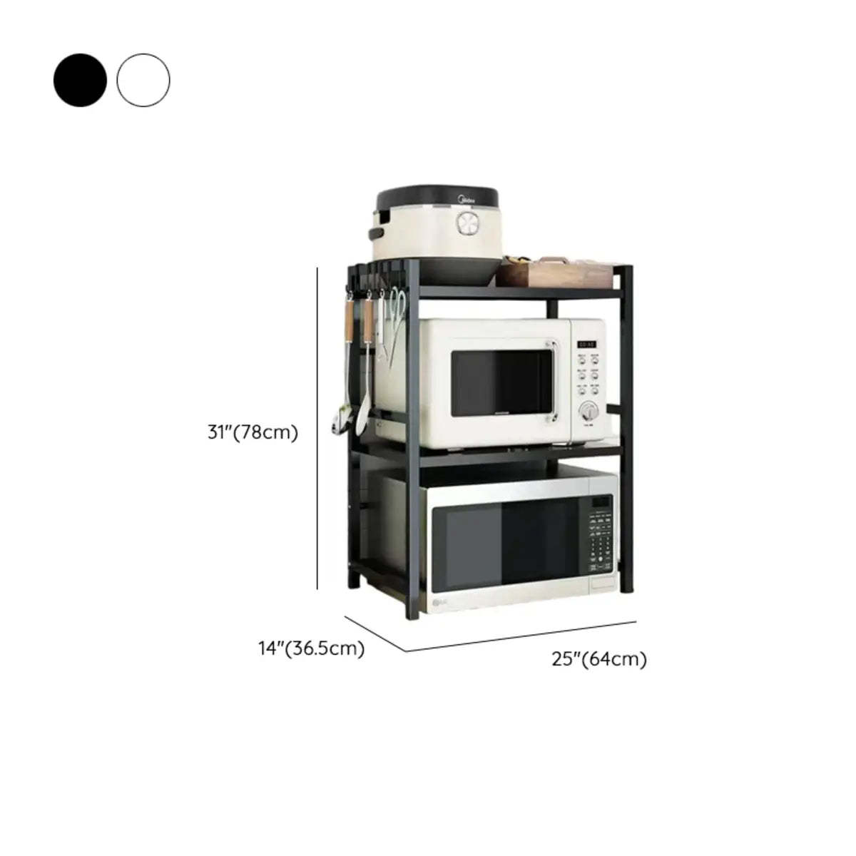 Black Steel Baker's Rack with Microwave Shelf and Hooks
