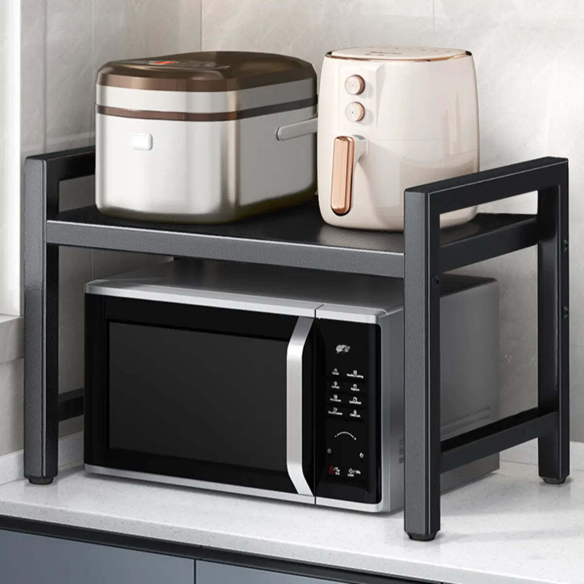 Black Steel Baker's Rack with Microwave Shelf and Hooks — Black / Hooks