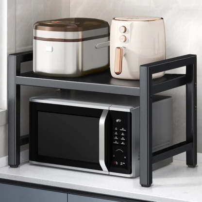 Black Steel Baker's Rack with Microwave Shelf and Hooks — Black / Hooks