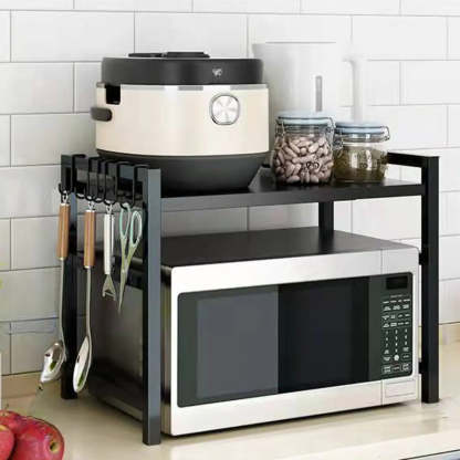 Black Steel Baker's Rack with Microwave Shelf and Hooks — White / Hooks