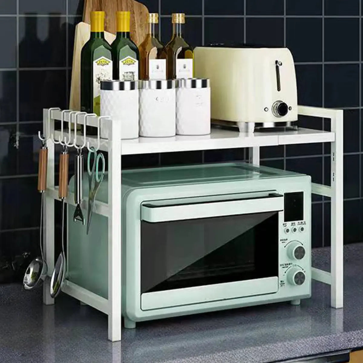 Black Steel Baker's Rack with Microwave Shelf and Hooks — Black / Hooks