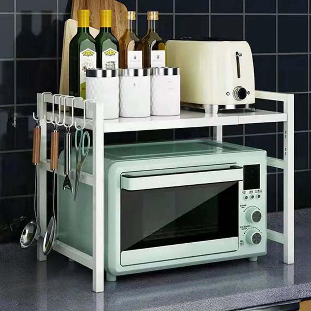 Black Steel Baker's Rack with Microwave Shelf and Hooks — Black / Hooks