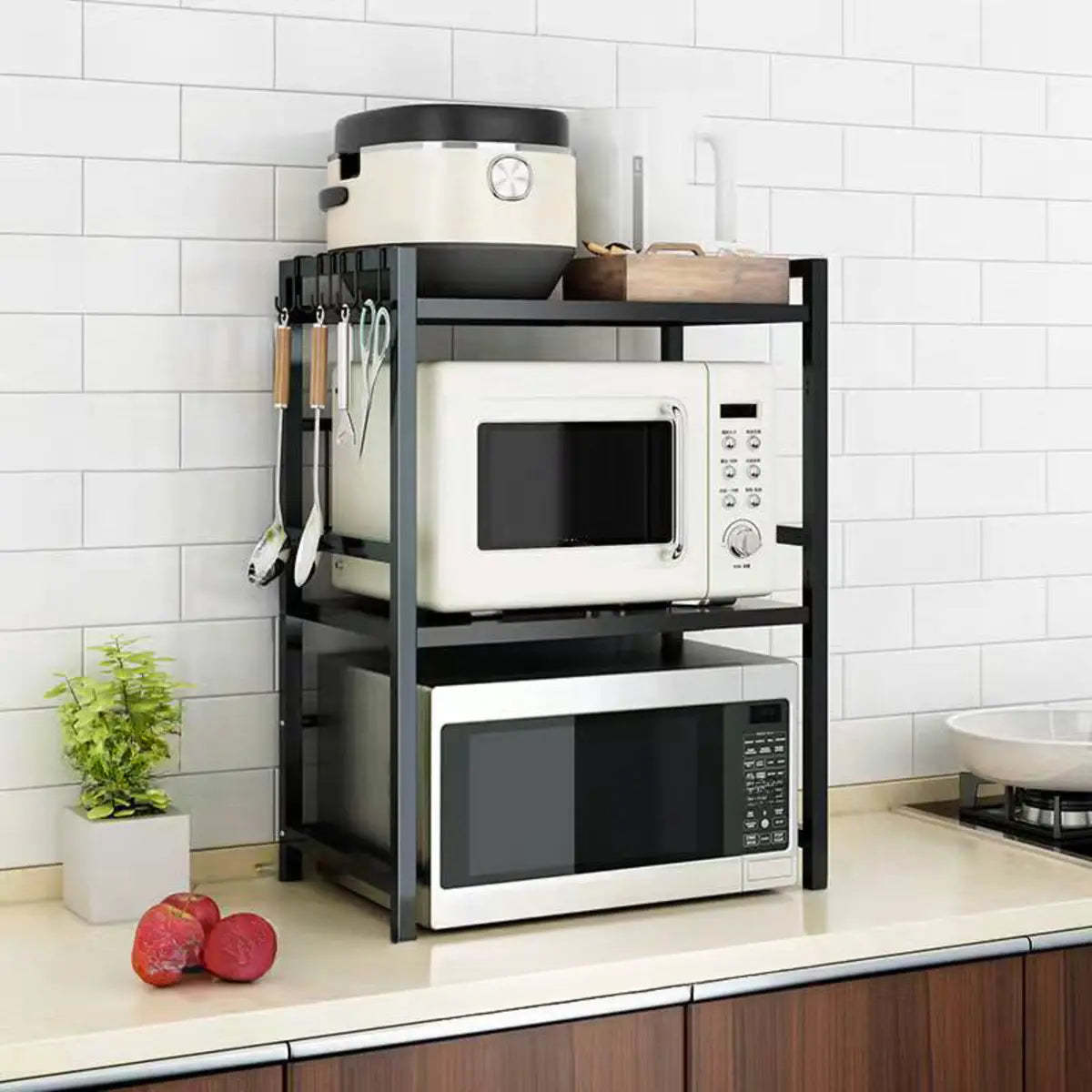 Black Steel Baker's Rack with Microwave Shelf and Hooks — Black / Hooks
