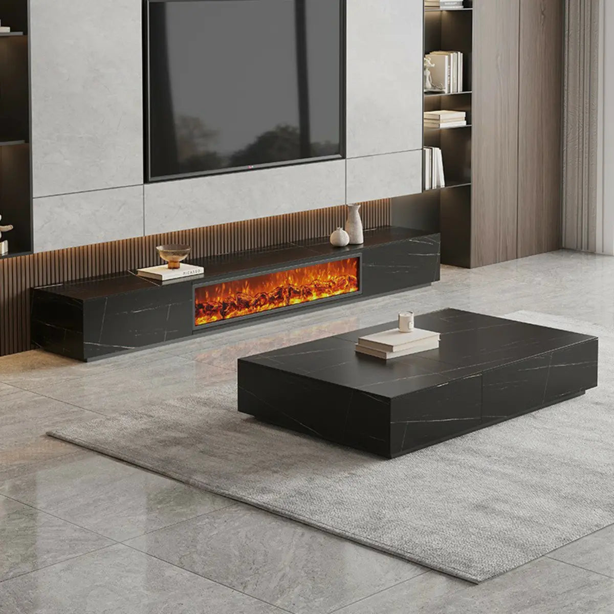 Black Stone Rectangle Fireplace TV Stand