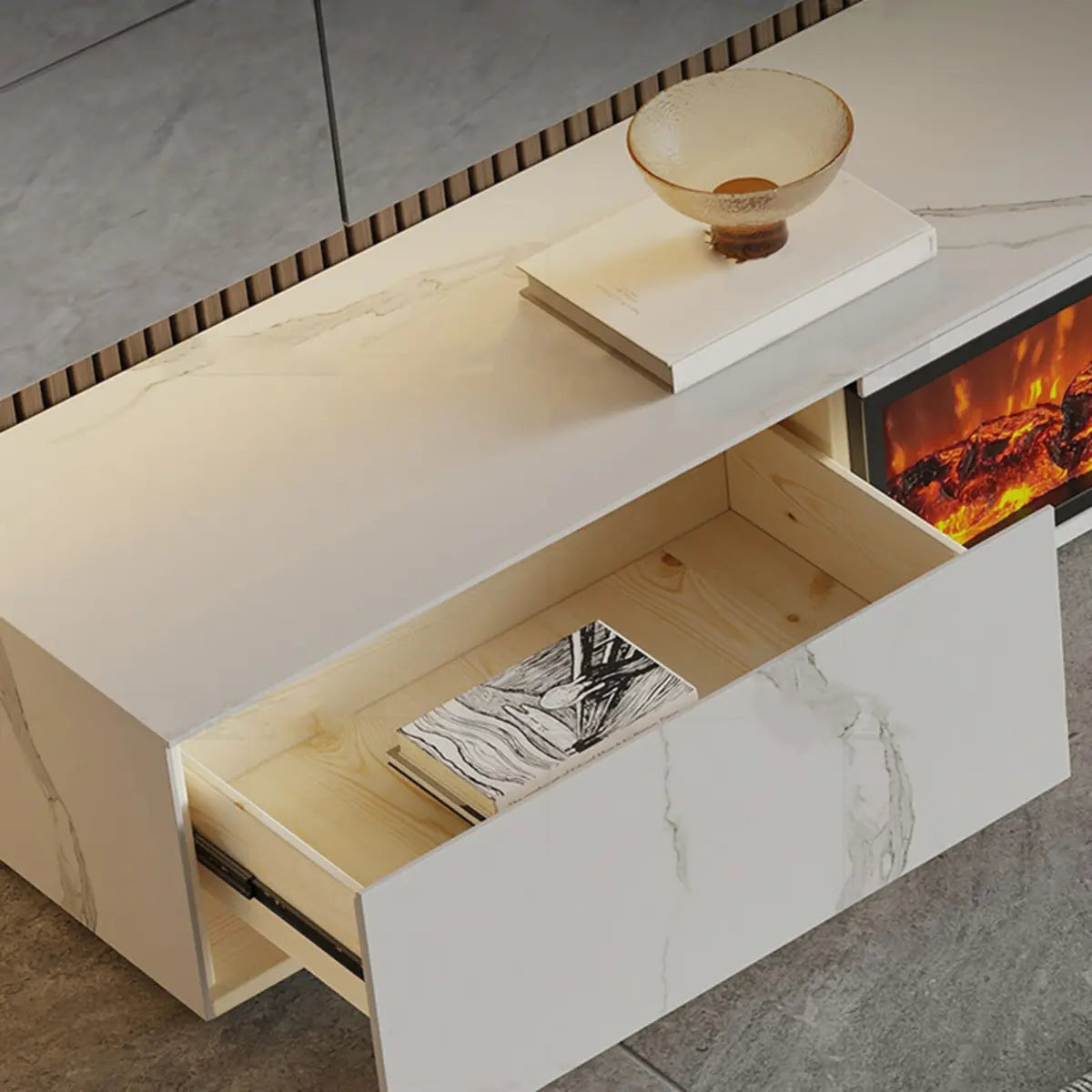Black Stone Rectangle Fireplace TV Stand