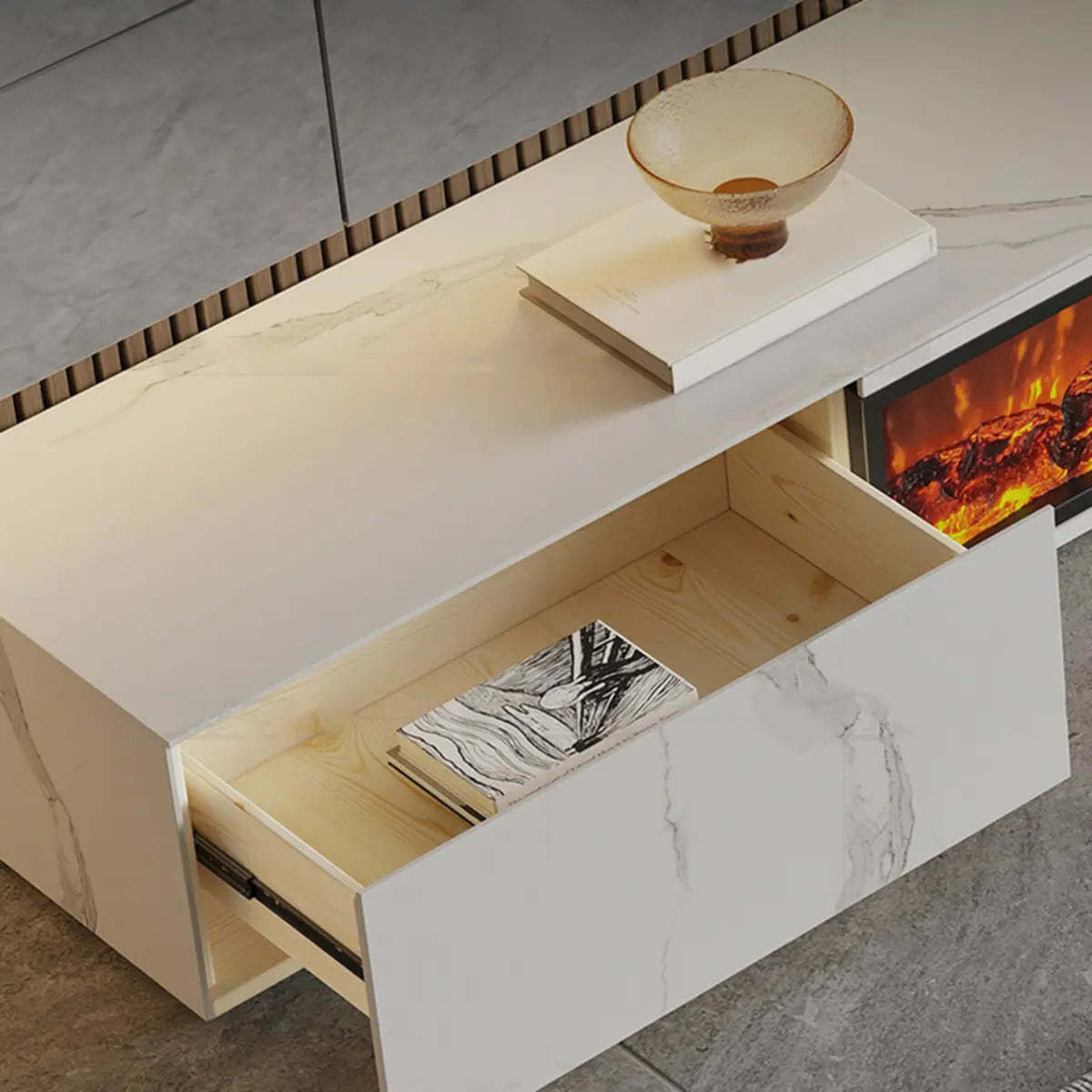 Black Stone Rectangle Fireplace TV Stand