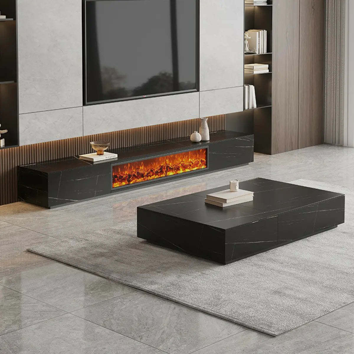 Black Stone Rectangle Fireplace TV Stand — Black
