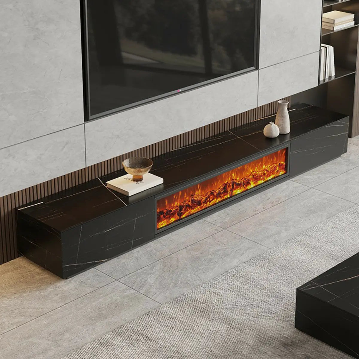 Black Stone Rectangle Fireplace TV Stand — Black