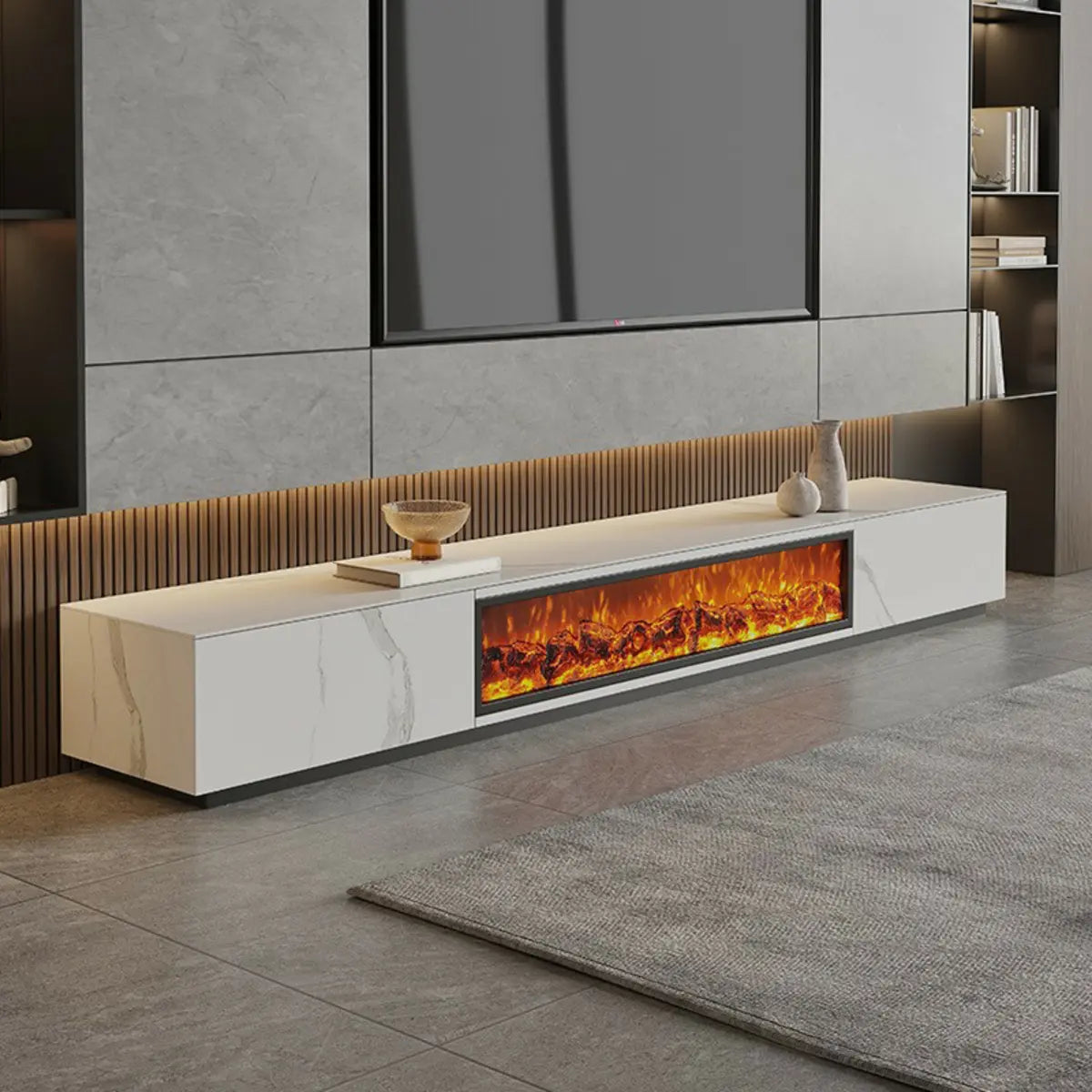 Black Stone Rectangle Fireplace TV Stand — Black