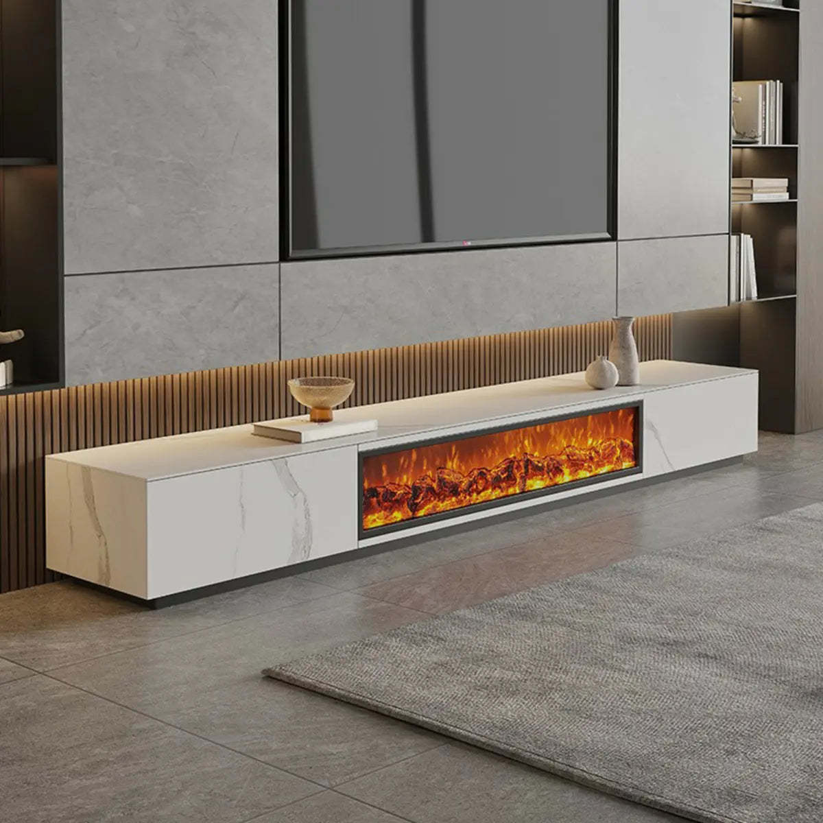 Black Stone Rectangle Fireplace TV Stand — Black
