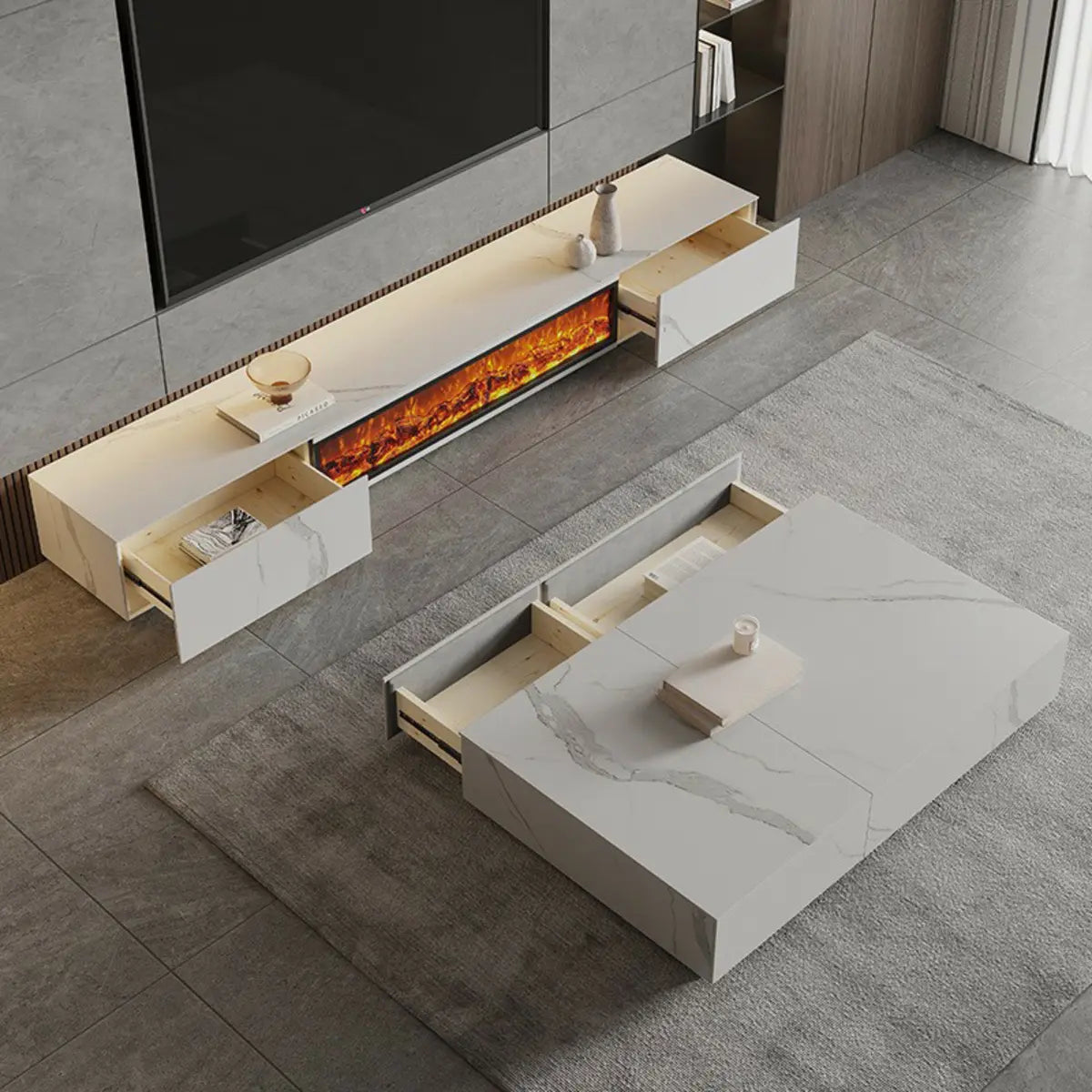 Black Stone Rectangle Fireplace TV Stand — Black