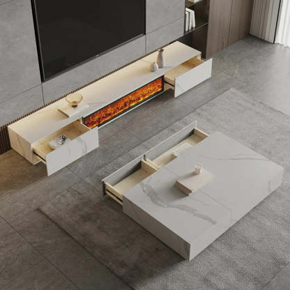 Black Stone Rectangle Fireplace TV Stand — Black