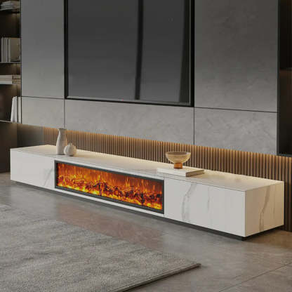 Black Stone Rectangle Fireplace TV Stand — White