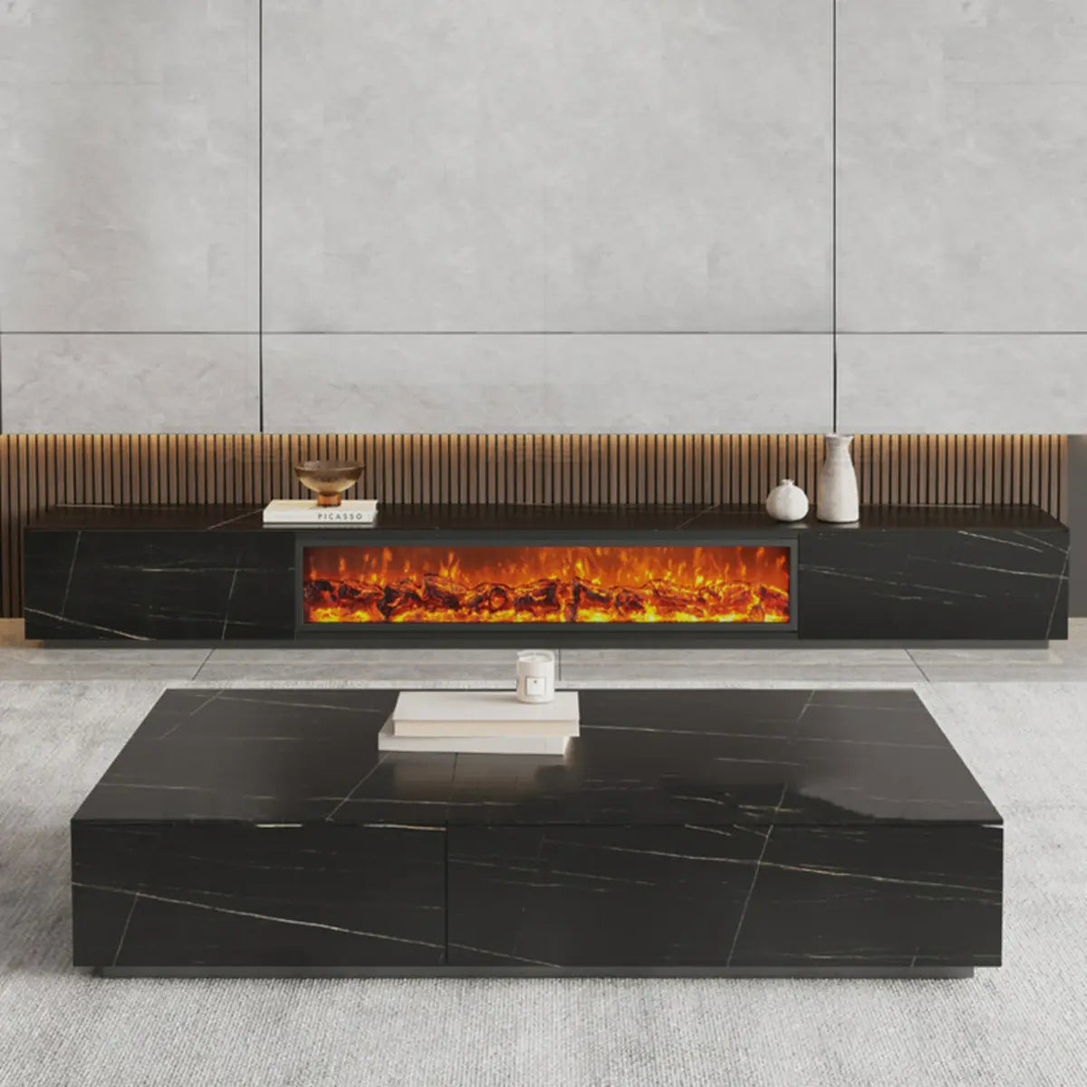 Black Stone Rectangle Fireplace TV Stand — White