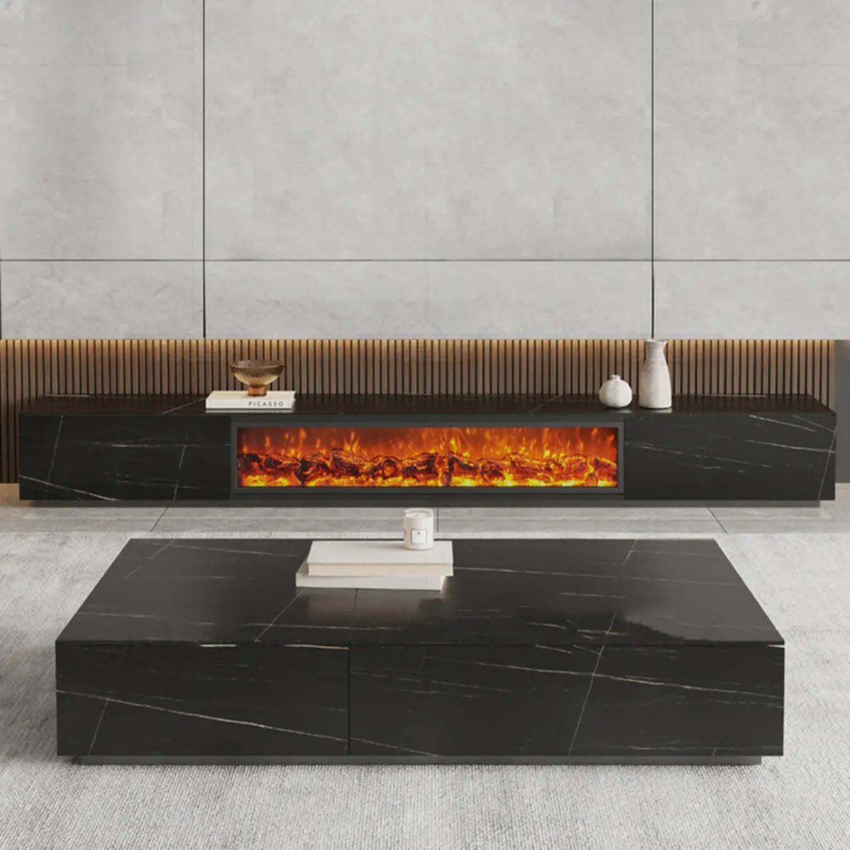Black Stone Rectangle Fireplace TV Stand — White