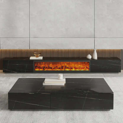 Black Stone Rectangle Fireplace TV Stand — White