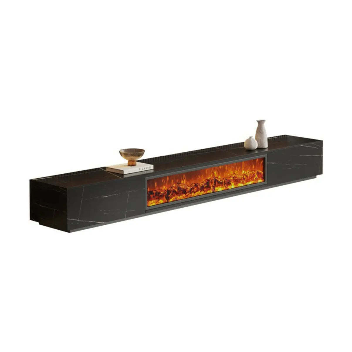 Black Stone Rectangle Fireplace TV Stand — White