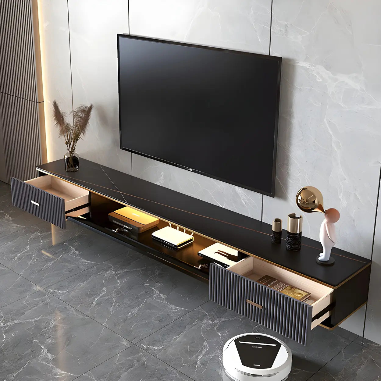 Black Stone Floating TV Stand with Drawers
